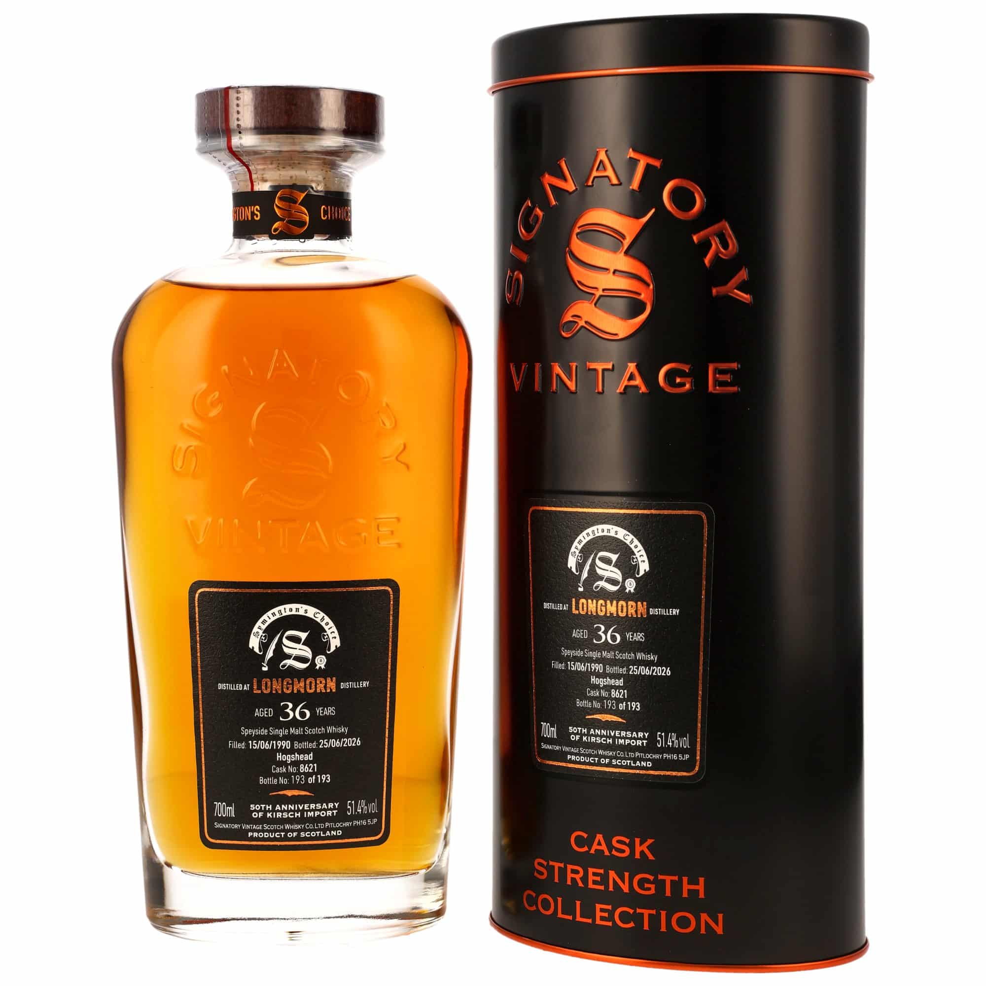 Longmorn 1990/2026 – 36 Jahre – Signatory Vintage Symington’s Choice – Hogshead #8621 – 50th Anniversary Kirsch Import – 51,4% – Originalflasche