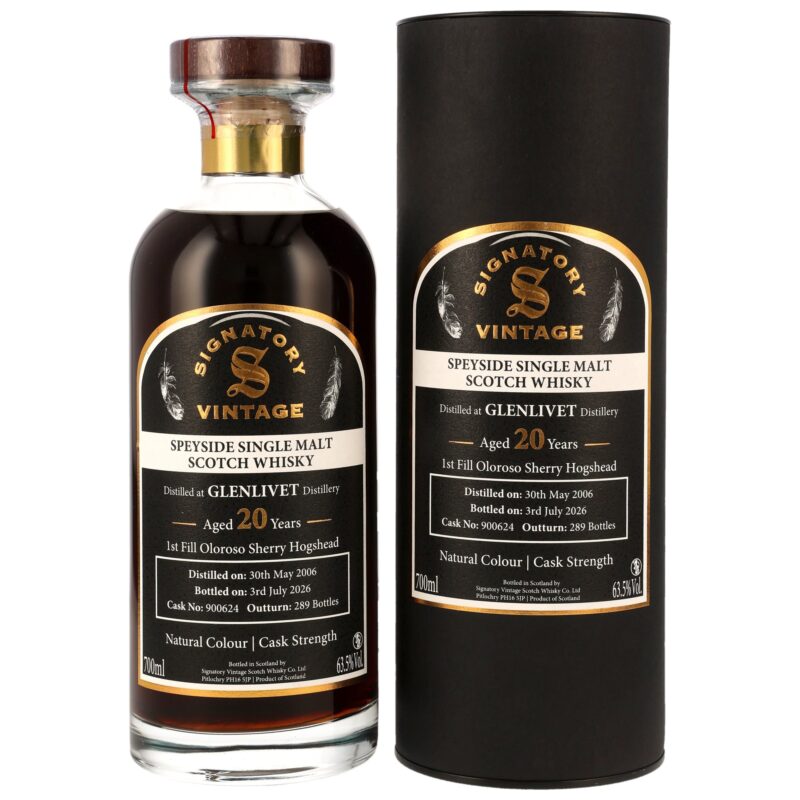 Glenlivet 2006/2026 – 20 Jahre – Signatory Vintage Cask Strength Collection Ibisco Decanter – Whisky Live Germany – First Fill Oloroso Sherry Hogshead #900624 – 63,5 %