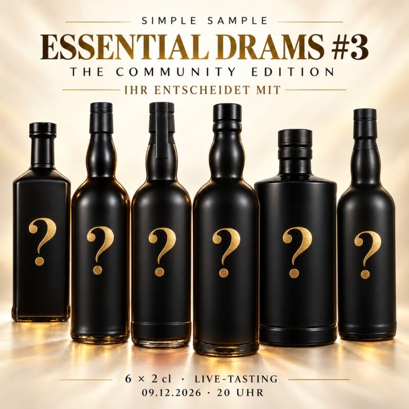 Essential Drams #3 – Community Edition: sechs schwarze Flaschen mit Fragezeichen, Live-Tasting am 09.12.2026 um 20 Uhr